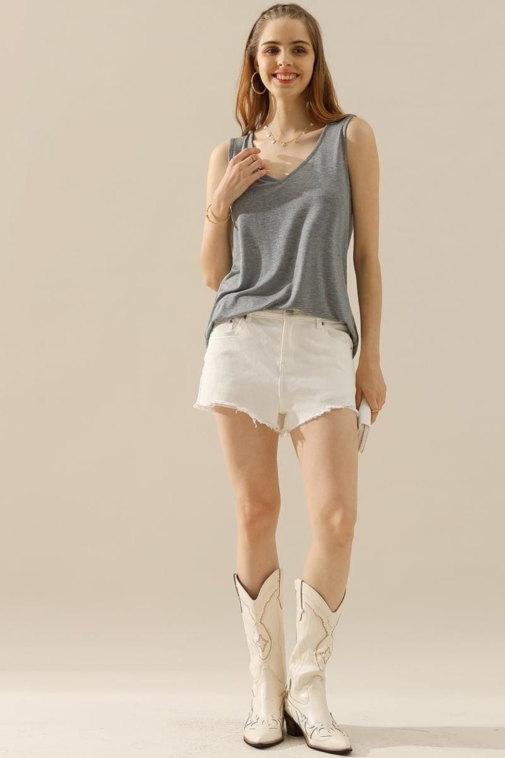 Basic V - Neck Curved Hem Tank - Global Village Kailua Boutique