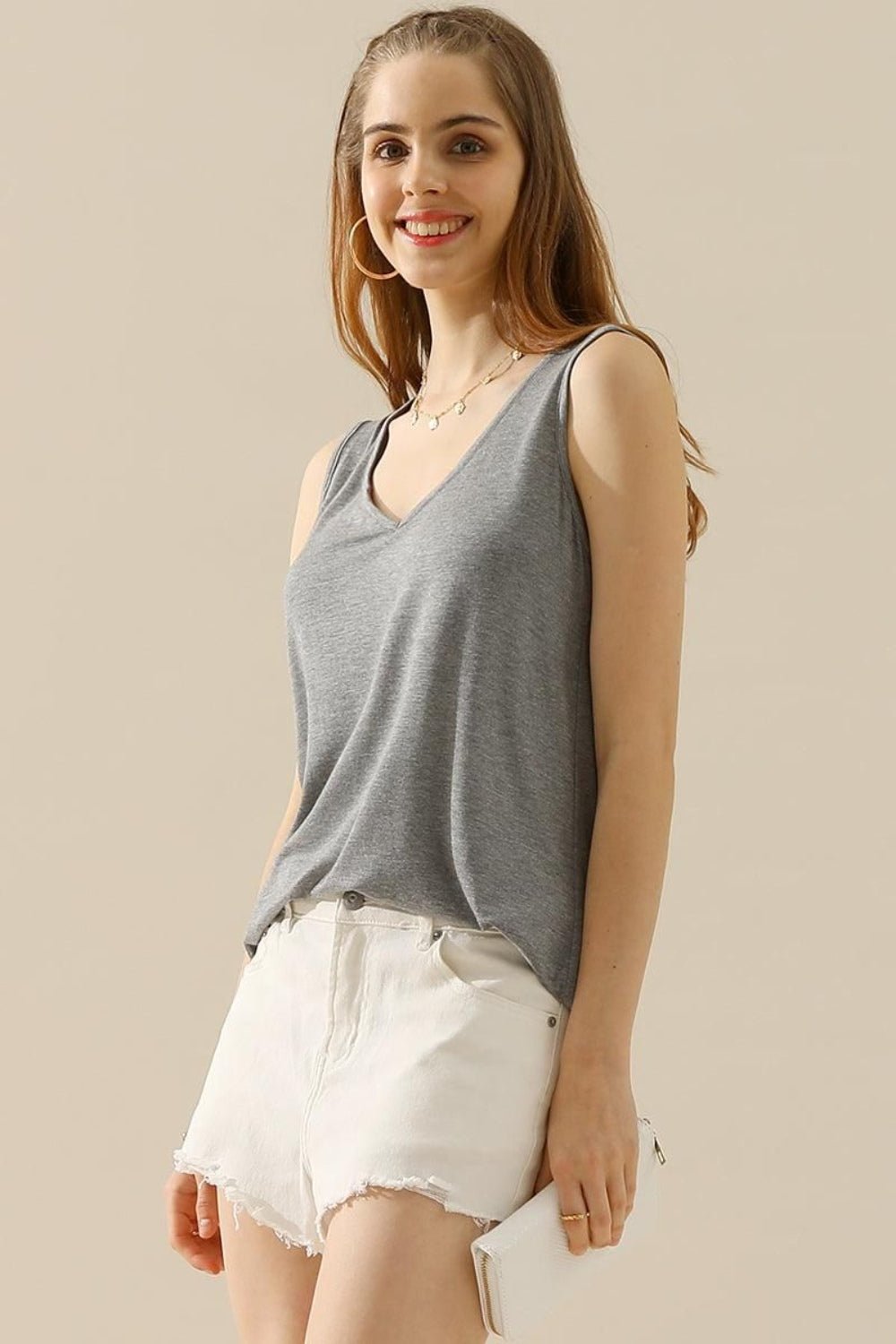 Basic V - Neck Curved Hem Tank - Global Village Kailua Boutique