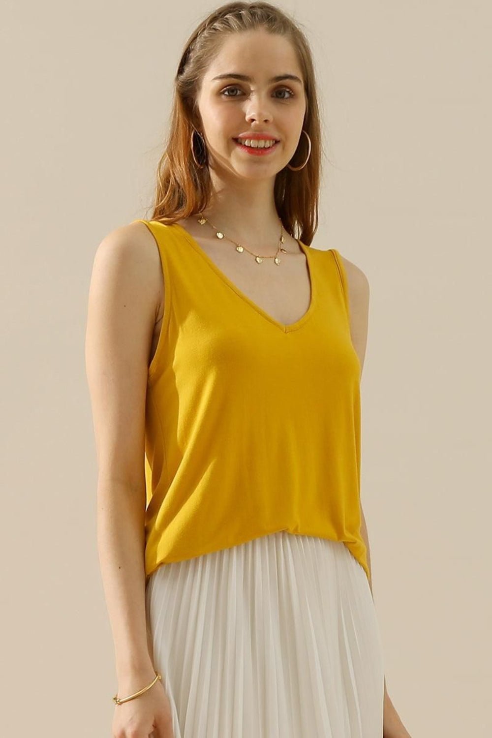 Basic V - Neck Curved Hem Tank - Global Village Kailua Boutique