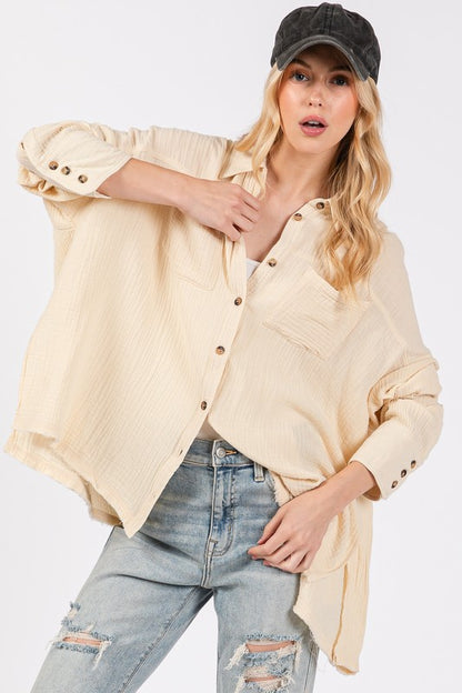 Natural Frayed Hem Cotton Button Down Shirt