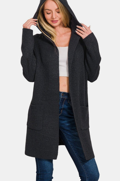 Black Hooded Open Front Sweater Cardigan - Global Village Kailua Boutique