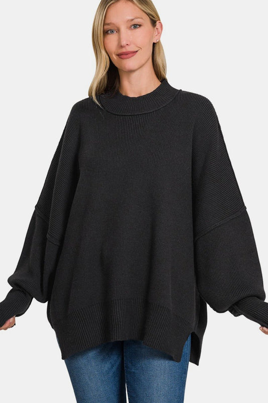 Black Side Slit Oversize Sweater - Global Village Kailua Boutique