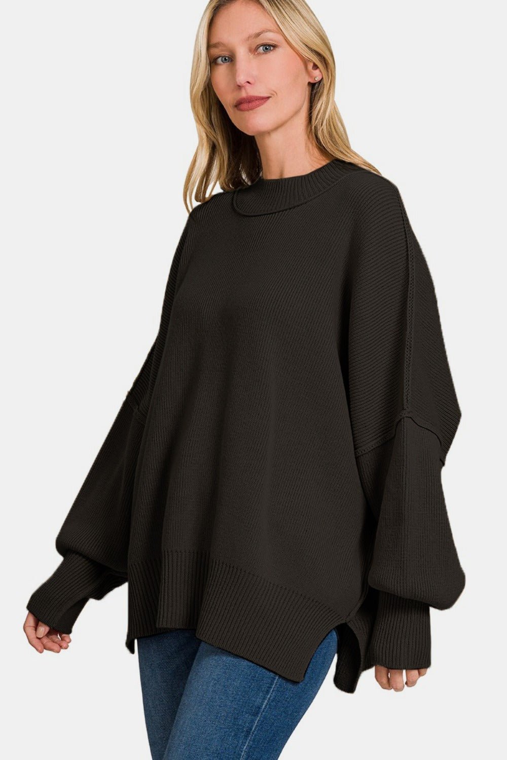 Black Side Slit Oversize Sweater - Global Village Kailua Boutique