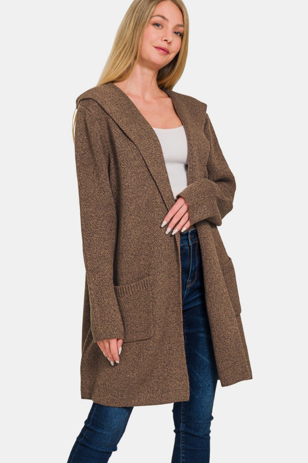 Brown Hooded Open Front Sweater Cardigan - Global Village Kailua Boutique