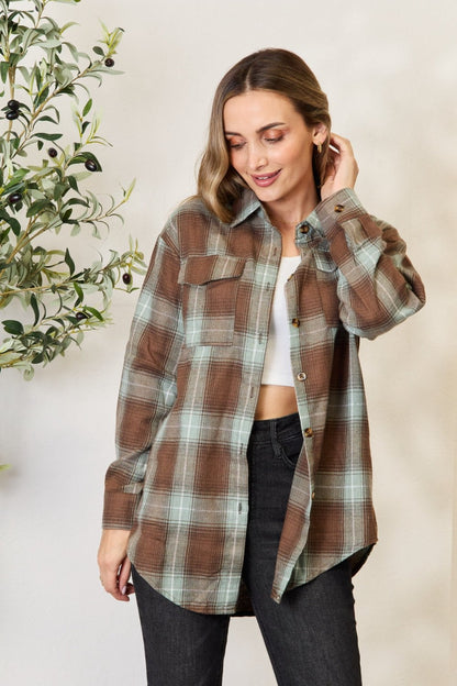 Brown Plaid Button Down Top Shacket - Global Village Kailua Boutique