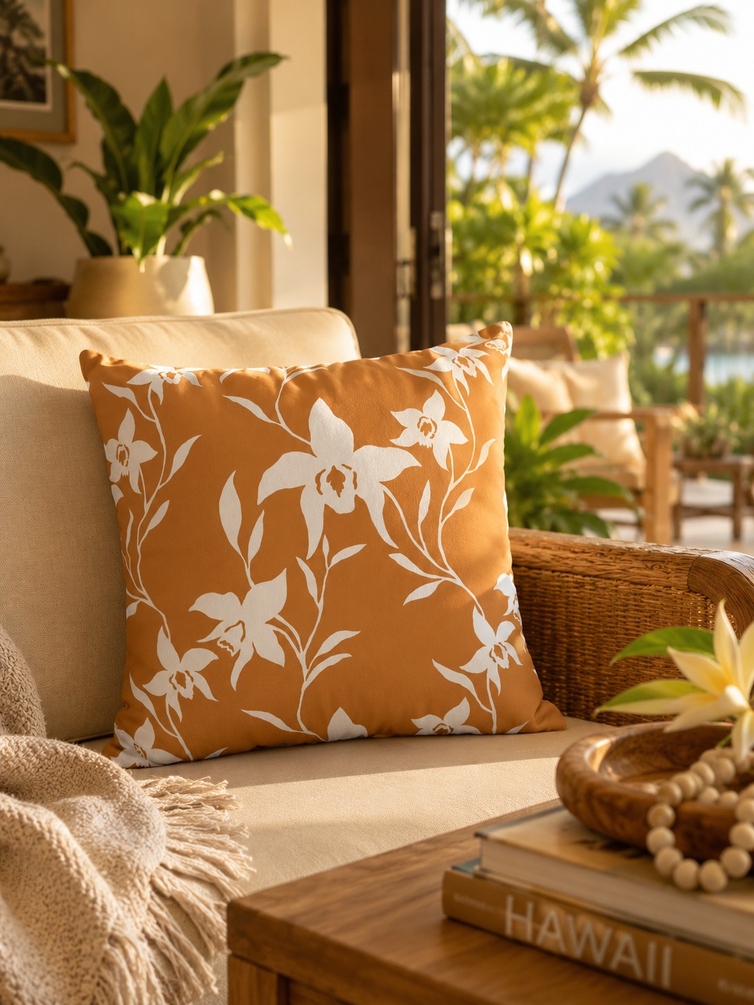 A square throw pillow with a white floral orchid pattern on a warm orange background, styled on a beige sofa in a tropical resort setting.