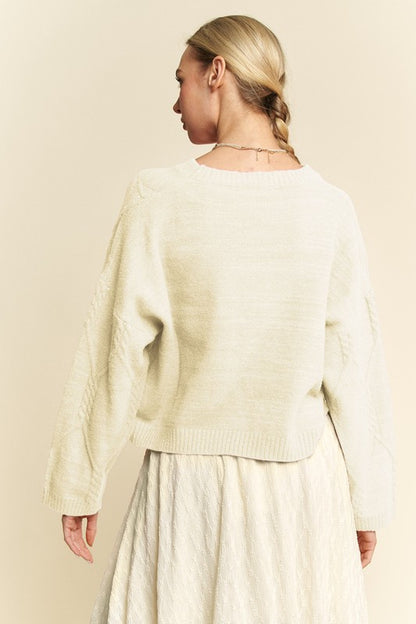 Ivory Diamond Cable Pattern Drop Shoulder Sweater