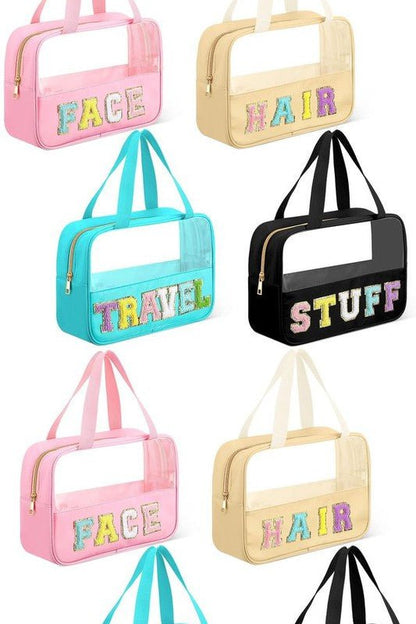 Chenille Letter Clear Travel Bag Luggage Makeup - Global Village Kailua Boutique