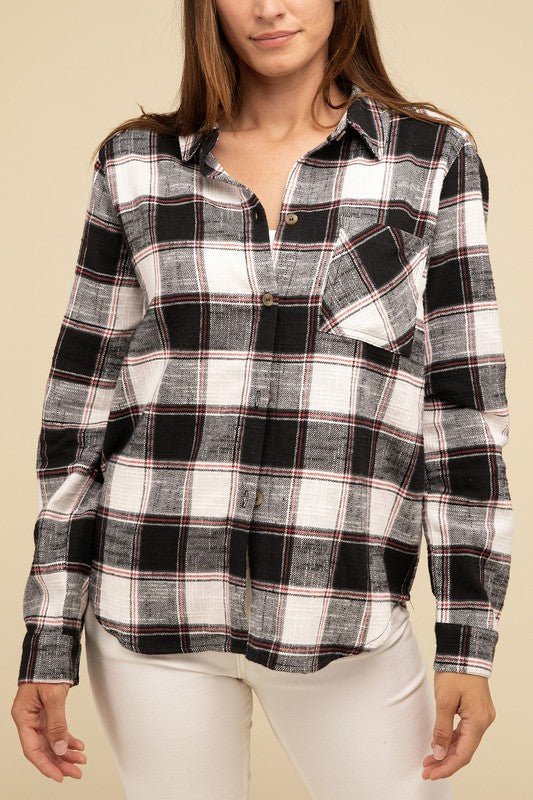 Cotton Plaid Shacket With Front Pocket - Global Village Kailua Boutique