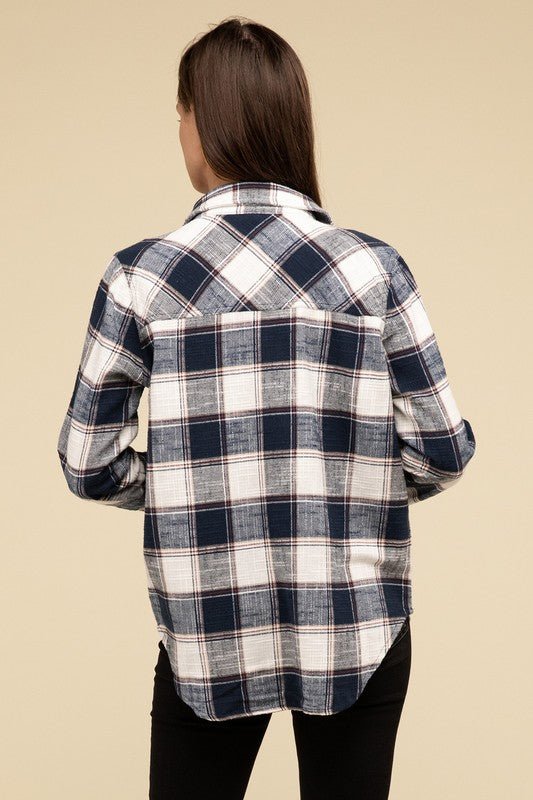 Cotton Plaid Shacket With Front Pocket - Global Village Kailua Boutique