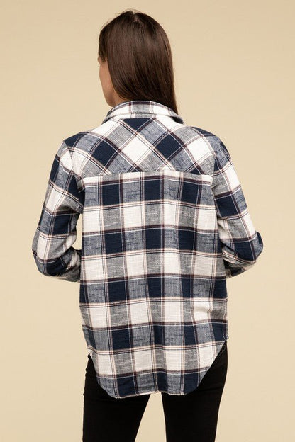 Cotton Plaid Shacket With Front Pocket - Global Village Kailua Boutique