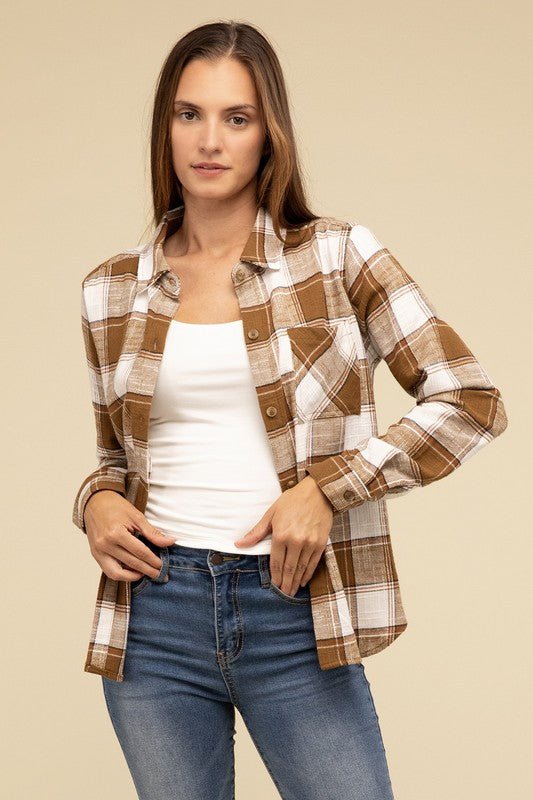 Cotton Plaid Shacket With Front Pocket - Global Village Kailua Boutique