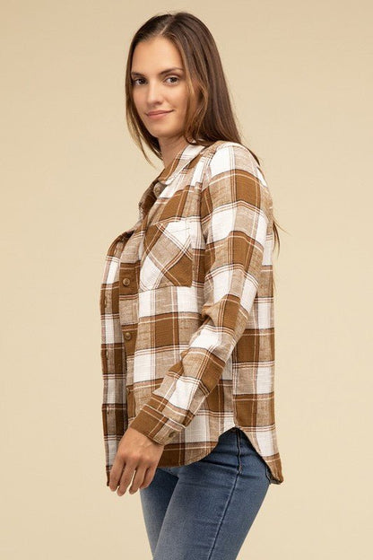 Cotton Plaid Shacket With Front Pocket - Global Village Kailua Boutique