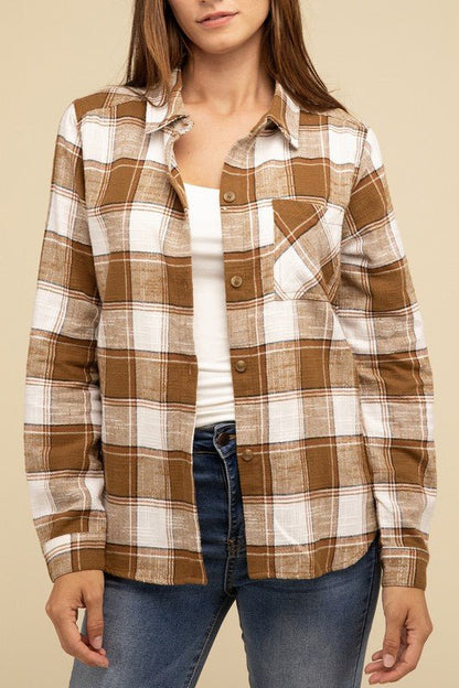 Cotton Plaid Shacket With Front Pocket - Global Village Kailua Boutique