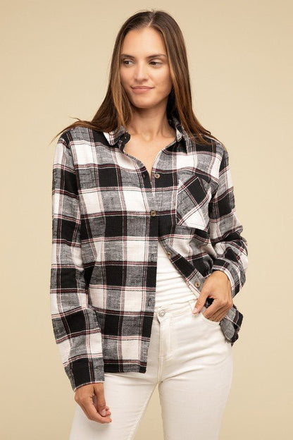 Cotton Plaid Shacket With Front Pocket - Global Village Kailua Boutique