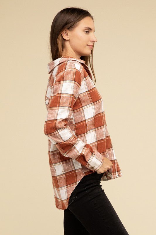 Cotton Plaid Shacket With Front Pocket - Global Village Kailua Boutique