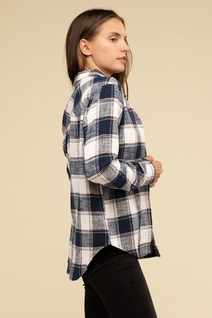 Cotton Plaid Shacket With Front Pocket - Global Village Kailua Boutique