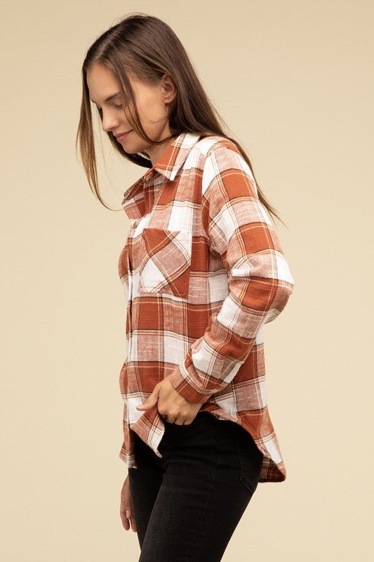 Cotton Plaid Shacket With Front Pocket - Global Village Kailua Boutique