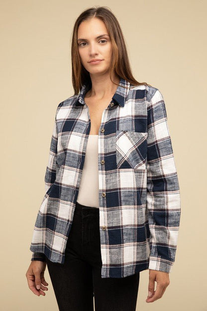 Cotton Plaid Shacket With Front Pocket - Global Village Kailua Boutique