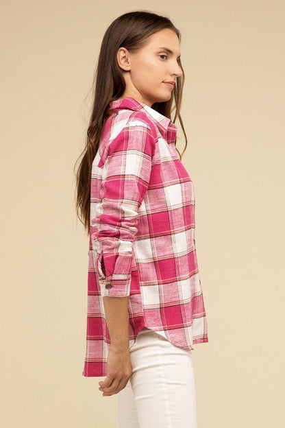 Cotton Plaid Shacket With Front Pocket - Global Village Kailua Boutique