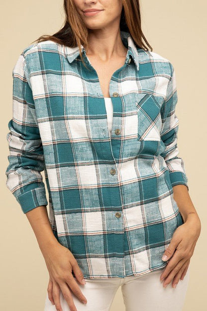 Cotton Plaid Shacket With Front Pocket - Global Village Kailua Boutique