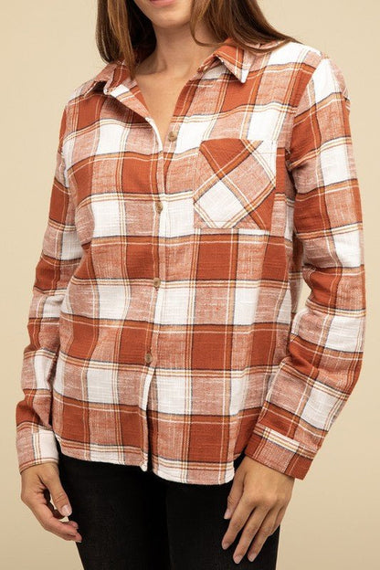 Cotton Plaid Shacket With Front Pocket - Global Village Kailua Boutique