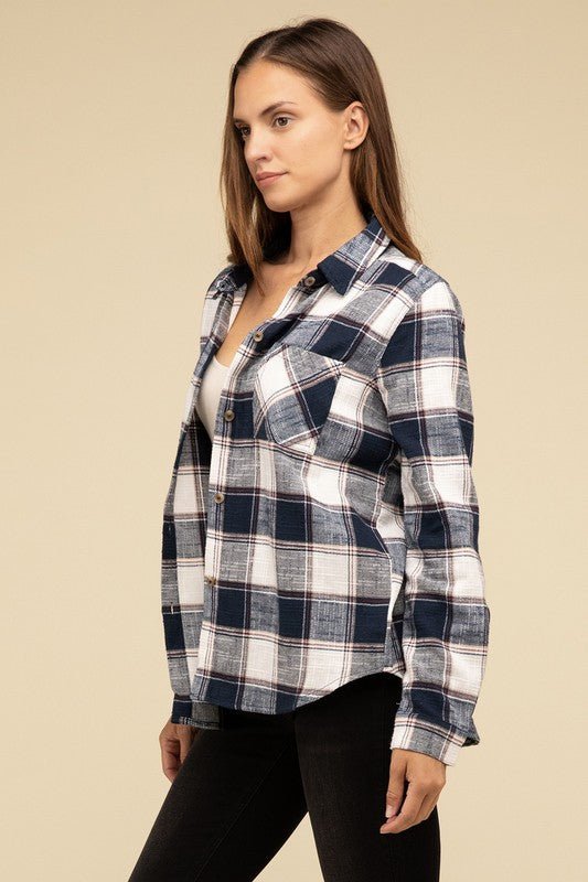 Cotton Plaid Shacket With Front Pocket - Global Village Kailua Boutique