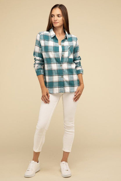 Cotton Plaid Shacket With Front Pocket - Global Village Kailua Boutique