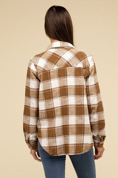 Cotton Plaid Shacket With Front Pocket - Global Village Kailua Boutique