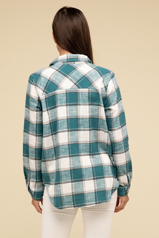 Cotton Plaid Shacket With Front Pocket - Global Village Kailua Boutique