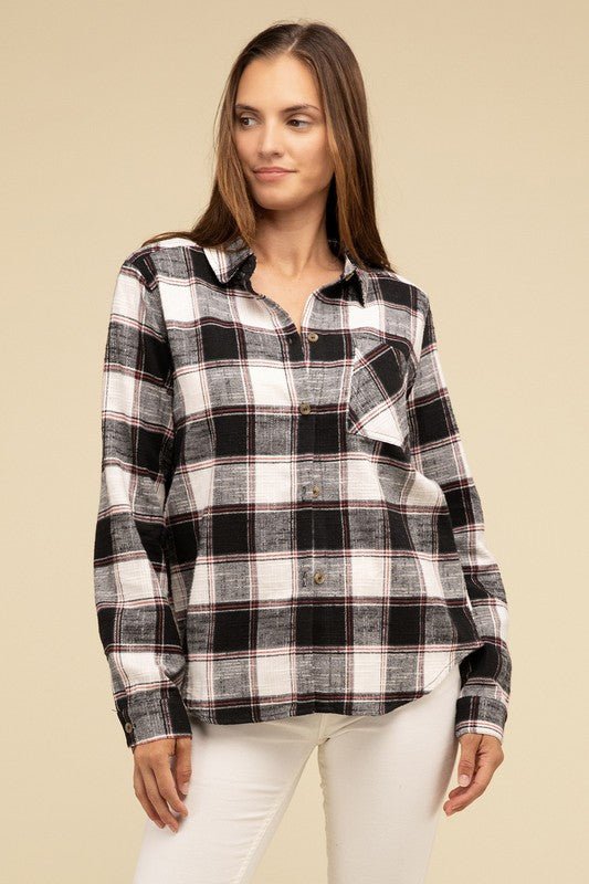 Cotton Plaid Shacket With Front Pocket - Global Village Kailua Boutique