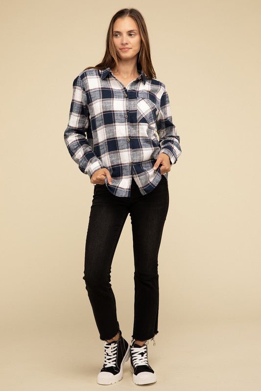 Cotton Plaid Shacket With Front Pocket - Global Village Kailua Boutique