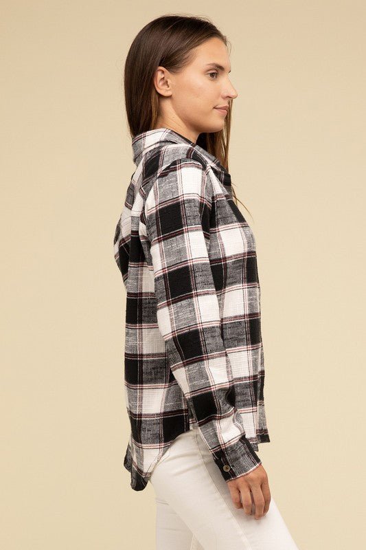 Cotton Plaid Shacket With Front Pocket - Global Village Kailua Boutique