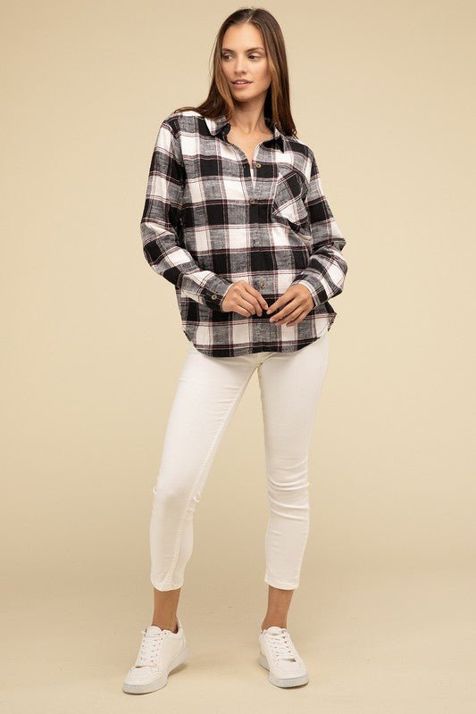 Cotton Plaid Shacket With Front Pocket - Global Village Kailua Boutique