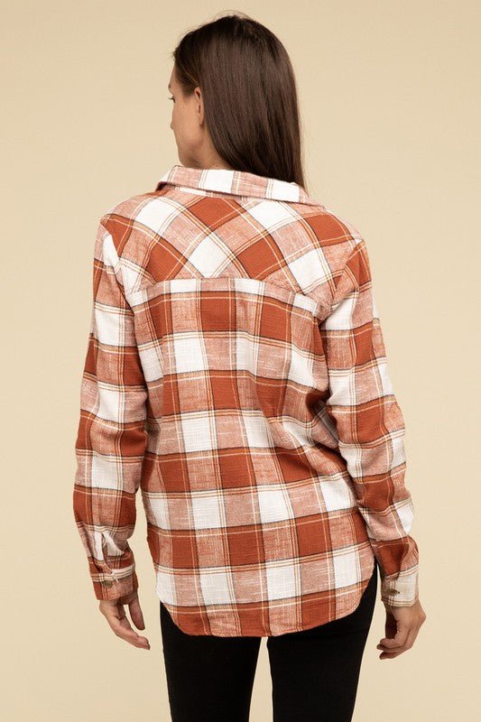 Cotton Plaid Shacket With Front Pocket - Global Village Kailua Boutique