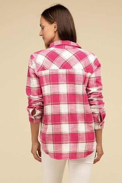 Cotton Plaid Shacket With Front Pocket - Global Village Kailua Boutique