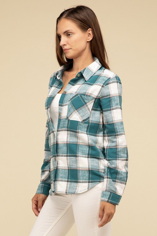 Cotton Plaid Shacket With Front Pocket - Global Village Kailua Boutique