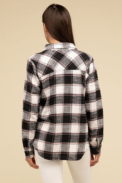 Cotton Plaid Shacket With Front Pocket - Global Village Kailua Boutique