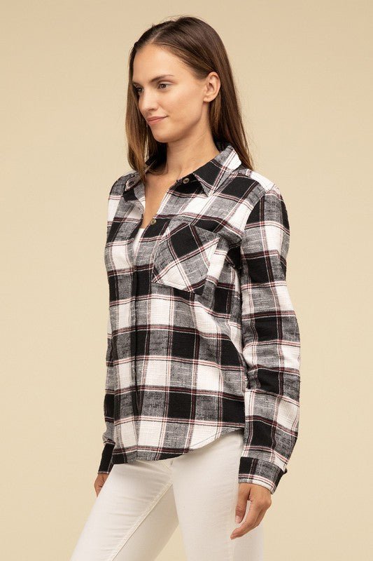 Cotton Plaid Shacket With Front Pocket - Global Village Kailua Boutique