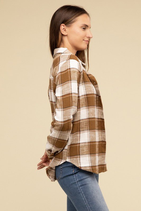 Cotton Plaid Shacket With Front Pocket - Global Village Kailua Boutique