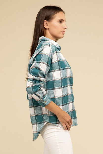 Cotton Plaid Shacket With Front Pocket - Global Village Kailua Boutique