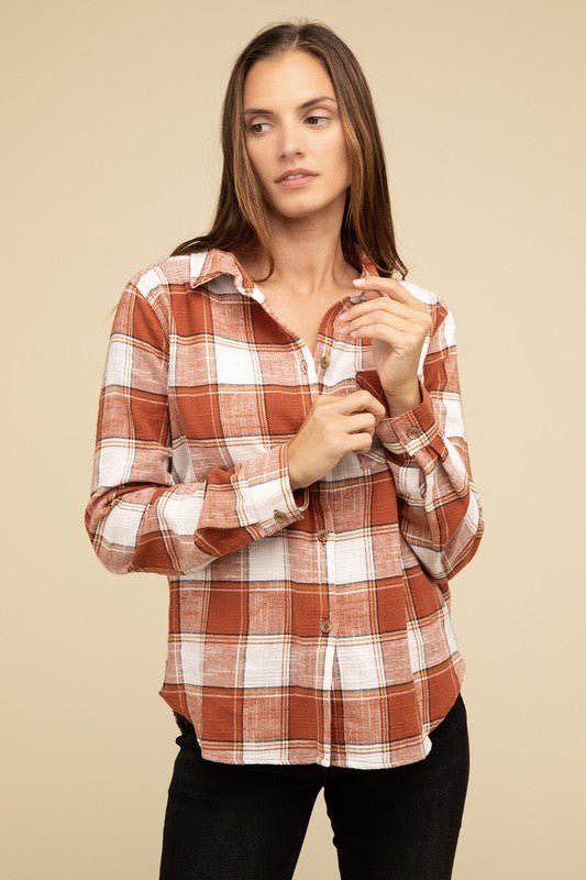 Cotton Plaid Shacket With Front Pocket - Global Village Kailua Boutique