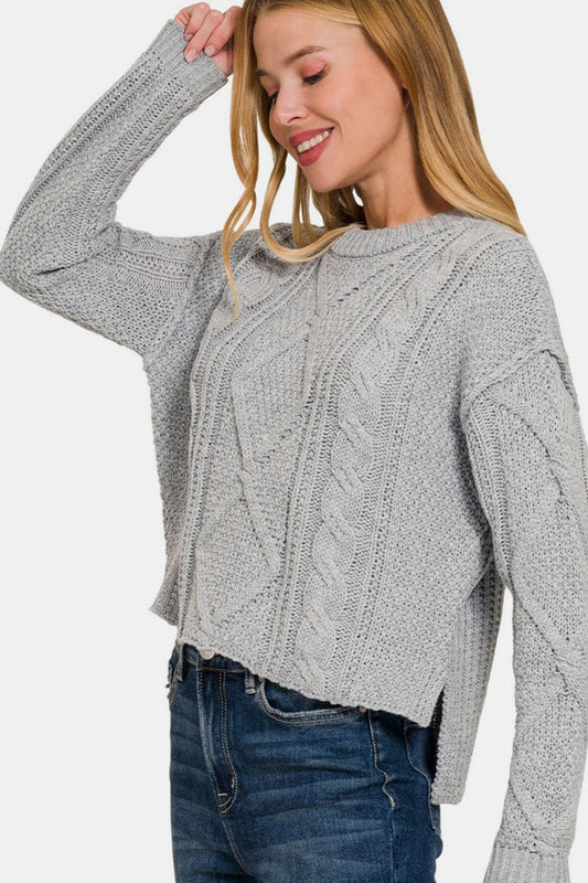 Cropped High Low Cable Sweater with Side Slits - Global Village Kailua Boutique