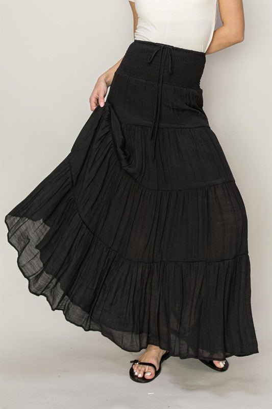 D - Drawstring Waist Tiered Maxi Skirt - Global Village Kailua Boutique