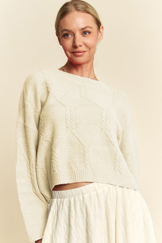 Ivory Diamond Cable Pattern Drop Shoulder Sweater