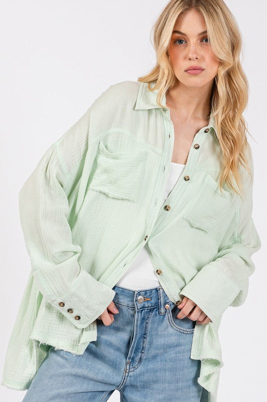 Mint Frayed Hem Cotton Button Down Shirt