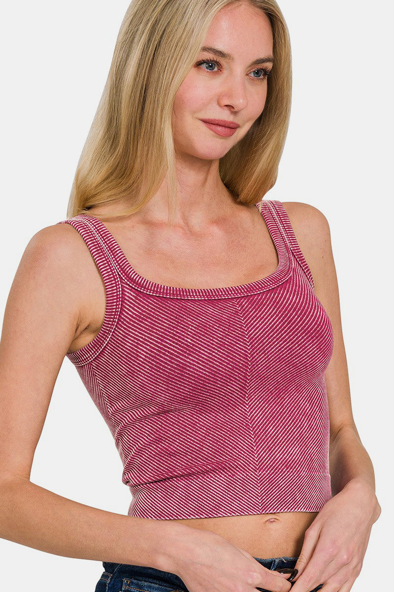 Washed Red Ribbed Square Neck Crop Tank