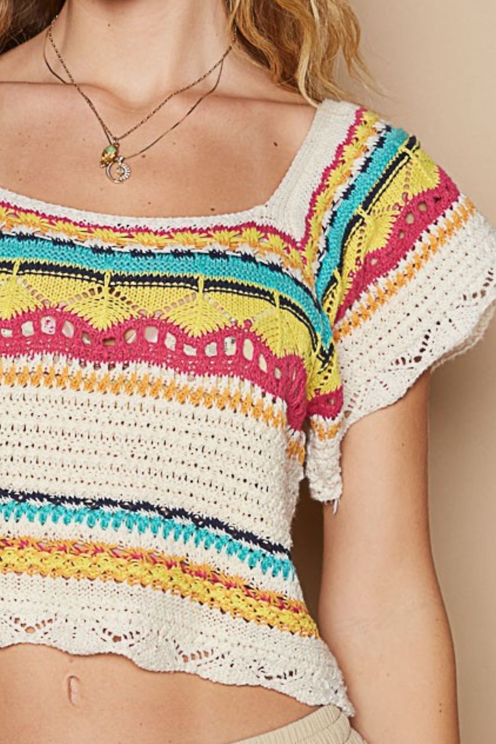 Openwork Rainbow Square Neck Cropped Knit Top