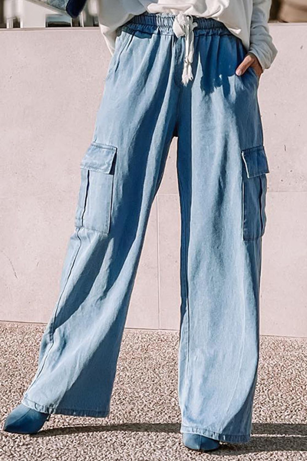 Drawstring Wide Leg Cargo Jeans with Pockets - Global Village Kailua Boutique