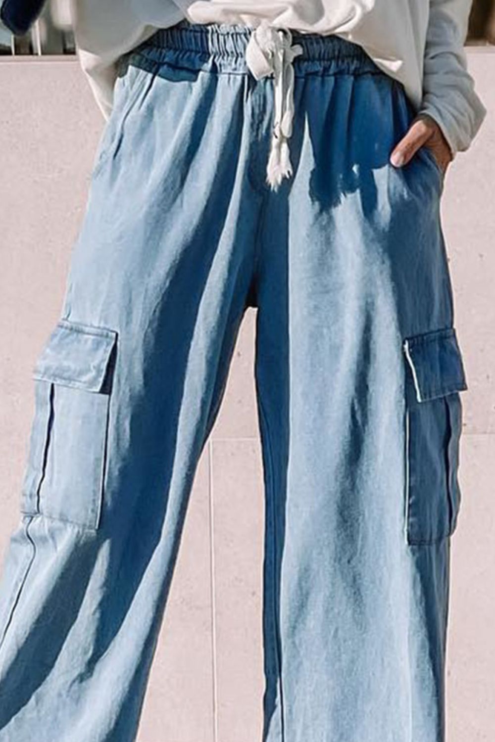 Drawstring Wide Leg Cargo Jeans with Pockets - Global Village Kailua Boutique